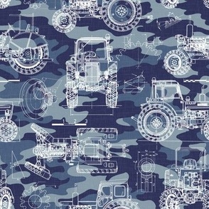 Small Scale / Tractor Blueprint / Navy Blue Camouflage Linen Textured Background