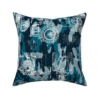 Large Scale / Rotated / Tractor Blueprint / Petrol Teal Blue Camouflage Linen Textured Background