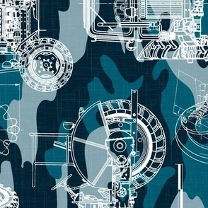 Large Scale / Rotated / Tractor Blueprint / Petrol Teal Blue Camouflage Linen Textured Background