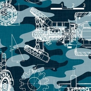 Large Scale / Tractor Blueprint / Petrol Teal Blue Camouflage Linen Textured Background