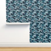 Medium Scale / Tractor Blueprint / Petrol Teal Blue Camouflage Linen Textured Background