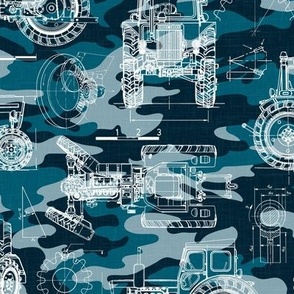 Medium Scale / Tractor Blueprint / Petrol Teal Blue Camouflage Linen Textured Background