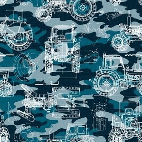 Small Scale / Tractor Blueprint / Petrol Teal Blue Camouflage Linen Textured Background