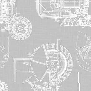 Large Scale / Rotated / Tractor Blueprint / Cool Grey Linen Textured Background