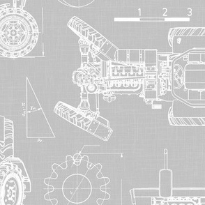 Large Scale / Tractor Blueprint / Cool Grey Linen Textured Background