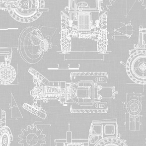 Medium Scale / Tractor Blueprint / Cool Grey Linen Textured Background