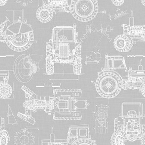 Small Scale / Tractor Blueprint / Cool Grey Linen Textured Background