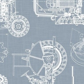 Large Scale / Rotated / Tractor Blueprint / Dusty Blue Linen Textured Background
