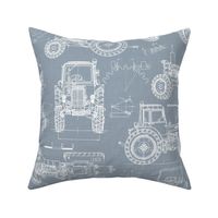 Large Scale / Tractor Blueprint / Dusty Blue Linen Textured Background