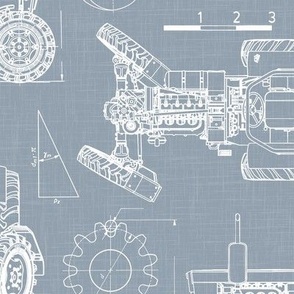 Large Scale / Tractor Blueprint / Dusty Blue Linen Textured Background