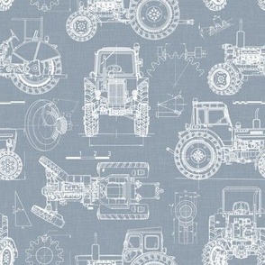 Small Scale / Tractor Blueprint / Dusty Blue Linen Textured Background