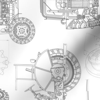 Large Scale / Rotated / Tractor Blueprint / Grey on White Background