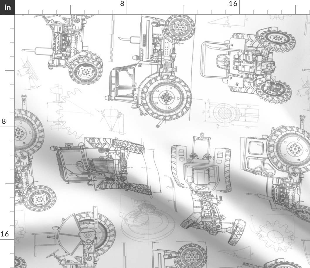 Large Scale / Rotated / Tractor Blueprint / Grey on White Background