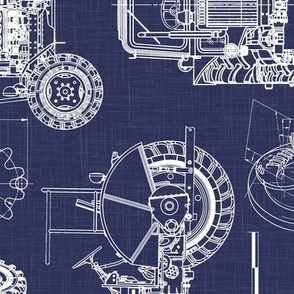 Large Scale / Rotated / Tractor Blueprint / Navy Background