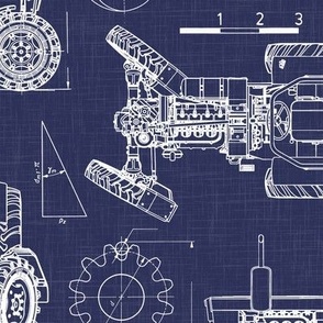Large Scale / Tractor Blueprint / Navy Background
