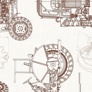Large Scale / Rotated / Tractor Blueprint / Off-White Linen Textured Background