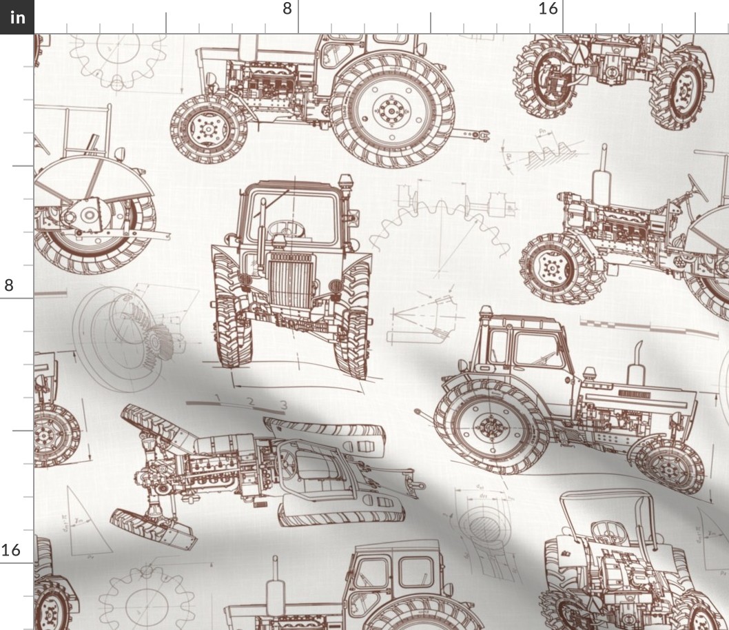 Large Scale / Tractor Blueprint / Off-White Linen Textured Background