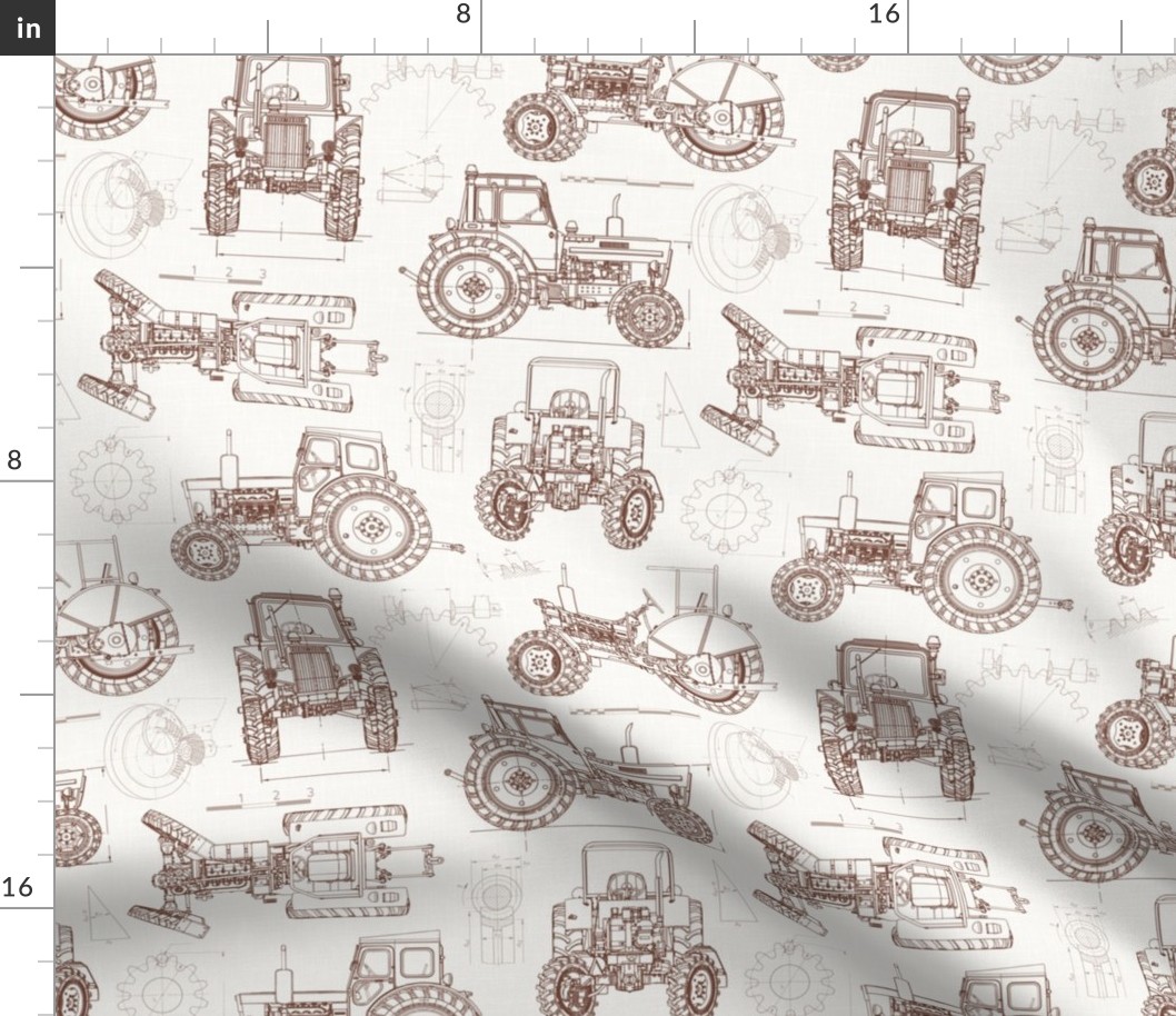 Medium Scale / Tractor Blueprint / Off-White Linen Textured Background