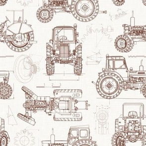 Small Scale / Tractor Blueprint / Off-White Linen Textured Background