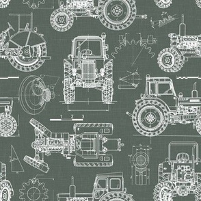 Small Scale / Tractor Blueprint / Moss Green Linen Textured Background