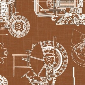 Large Scale / Rotated / Tractor Blueprint / Rust Linen Textured Background