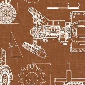 Large Scale / Tractor Blueprint / Rust Linen Textured Background