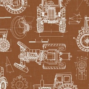 Medium Scale / Tractor Blueprint / Rust Linen Textured Background