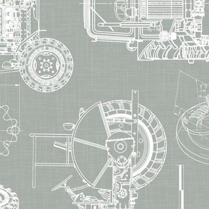 Large Scale / Rotated / Tractor Blueprint / Sage Linen Textured Background