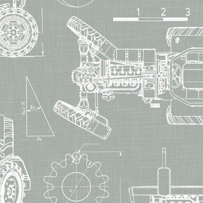 Large Scale / Tractor Blueprint / Sage Linen Textured Background