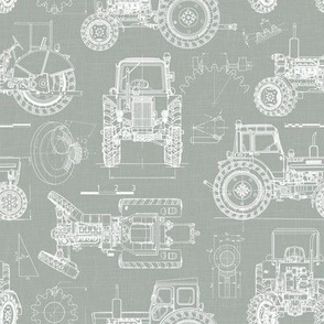 Small Scale / Tractor Blueprint / Sage Linen Textured Background