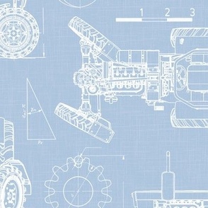 Large Scale / Tractor Blueprint / Sky Linen Textured Background