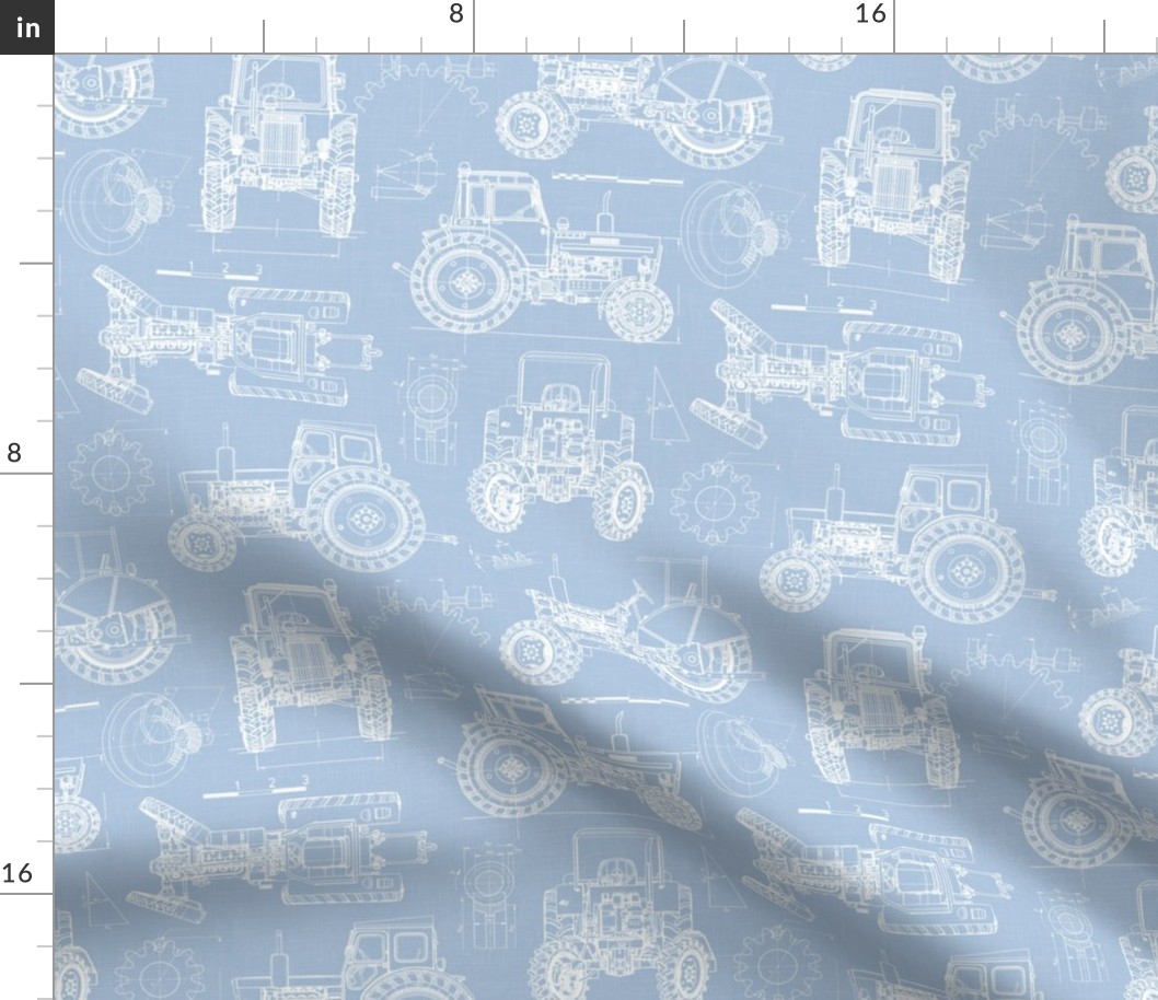 Medium Scale / Tractor Blueprint / Sky Linen Textured Background
