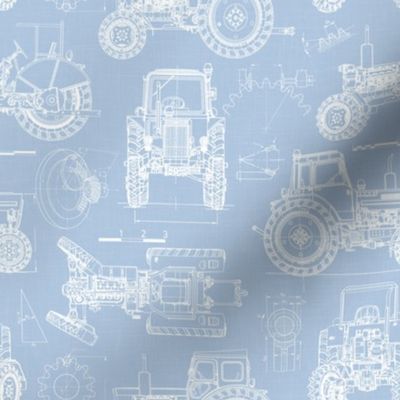 Small Scale / Tractor Blueprint / Sky Linen Textured Background