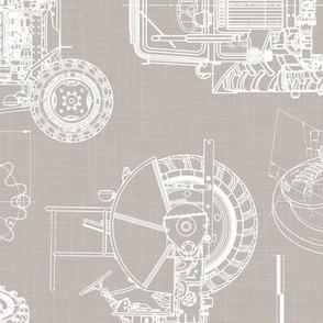 Large Scale / Rotated / Tractor Blueprint / Warm Grey Linen Textured Background