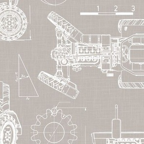 Large Scale / Tractor Blueprint / Warm Grey Linen Textured Background