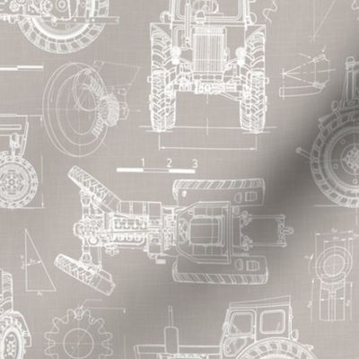 Medium Scale / Tractor Blueprint / Warm Grey Linen Textured Background