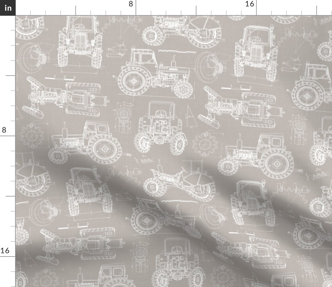 Medium Scale / Tractor Blueprint / Warm Grey Linen Textured Background
