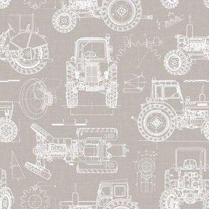 Small Scale / Tractor Blueprint / Warm Grey Linen Textured Background