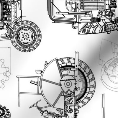 Large Scale / Rotated / Tractor Blueprint / Black on White Background
