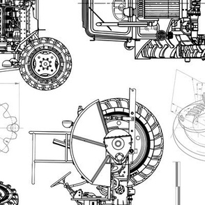 Large Scale / Rotated / Tractor Blueprint / Black on White Background