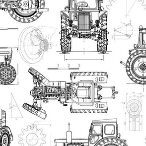 Medium Scale / Tractor Blueprint / Black on White Background