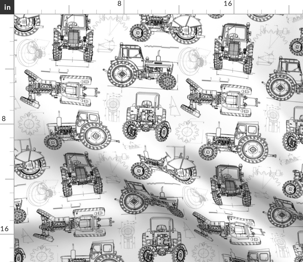 Medium Scale / Tractor Blueprint / Black on White Background