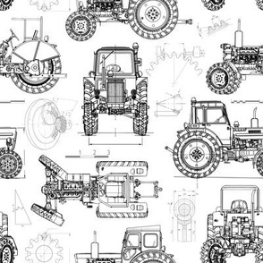 Small Scale / Tractor Blueprint / Black on White Background