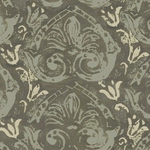 Damask linocut print	 green brown