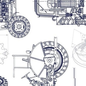 Large Scale / Rotated / Tractor Blueprint / Navy on White Background
