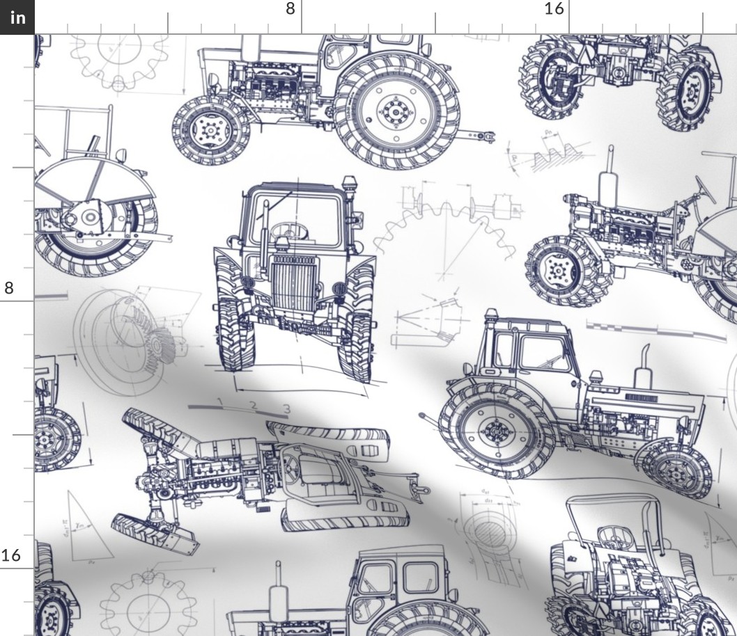 Large Scale / Tractor Blueprint / Navy on White Background