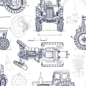 Medium Scale / Tractor Blueprint / Navy on White Background