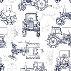 Small Scale / Tractor Blueprint / Navy on White Background