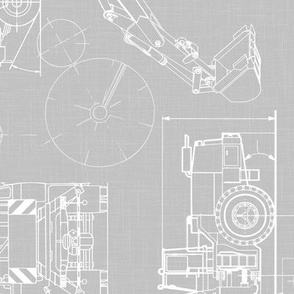 Large Scale / Construction Trucks Blueprint / Cool Grey Linen Textured Background