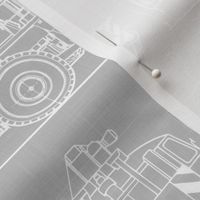 Large Scale / Construction Trucks Blueprint / Cool Grey Linen Textured Background